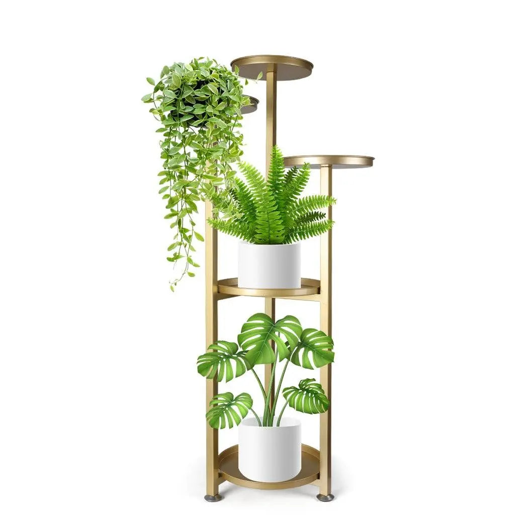 Levede Plant Stand featuring a gold finish, 5-tier design, and a triangular base, ideal for indoor and outdoor plant display.