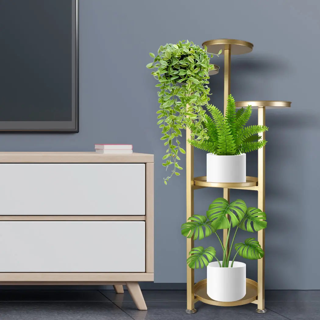 Levede Plant Stand featuring a gold finish, 5-tier design, and a triangular base, ideal for indoor and outdoor plant display.