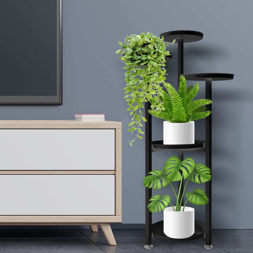 Levede Plant Stand featuring a 5-tier design in black, showcasing various flower pots in an elegant arrangement.