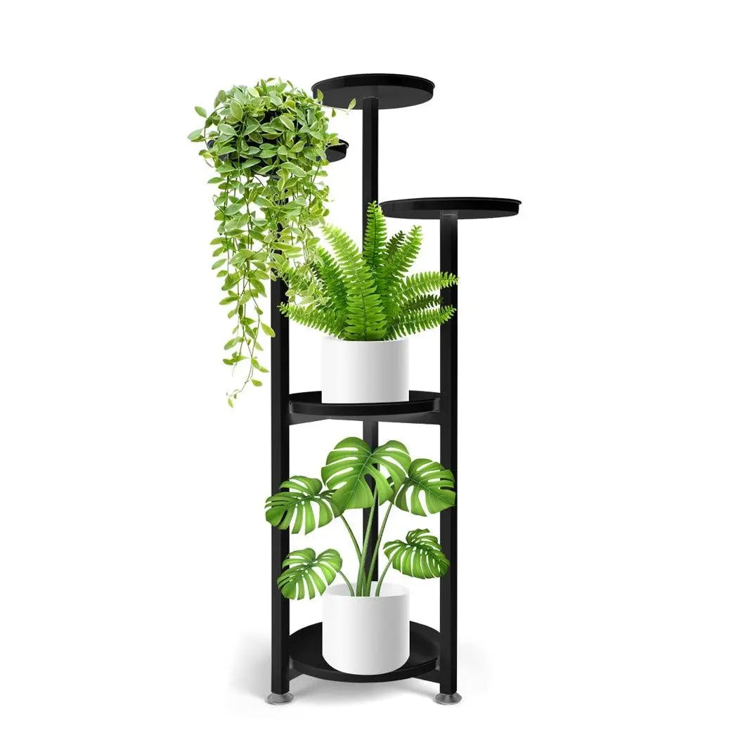 Levede Plant Stand featuring a 5-tier design in black, showcasing various flower pots in an elegant arrangement.