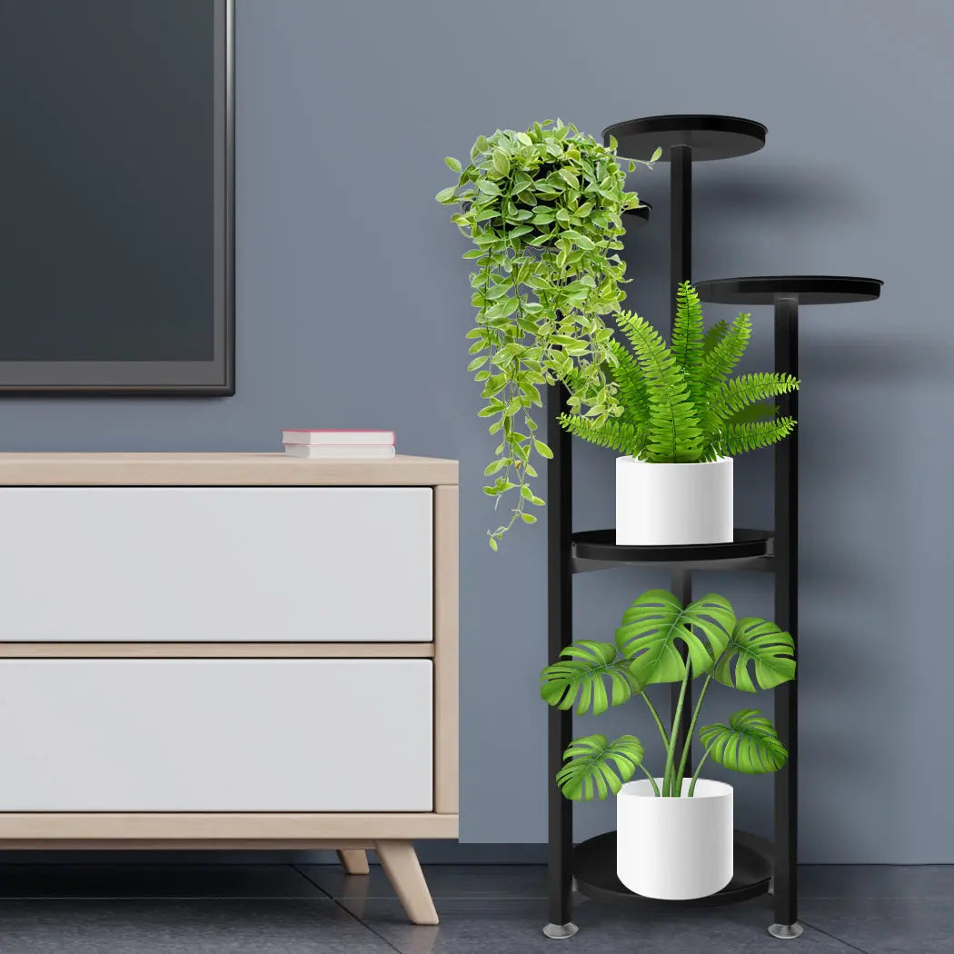 Levede Plant Stand featuring a 5-tier design in black, showcasing various flower pots in an elegant arrangement.