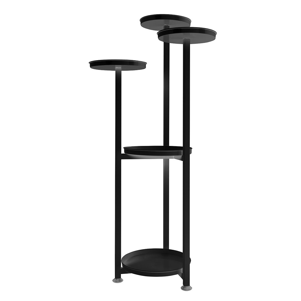 Levede Plant Stand featuring a 5-tier design in black, showcasing various flower pots in an outdoor setting.