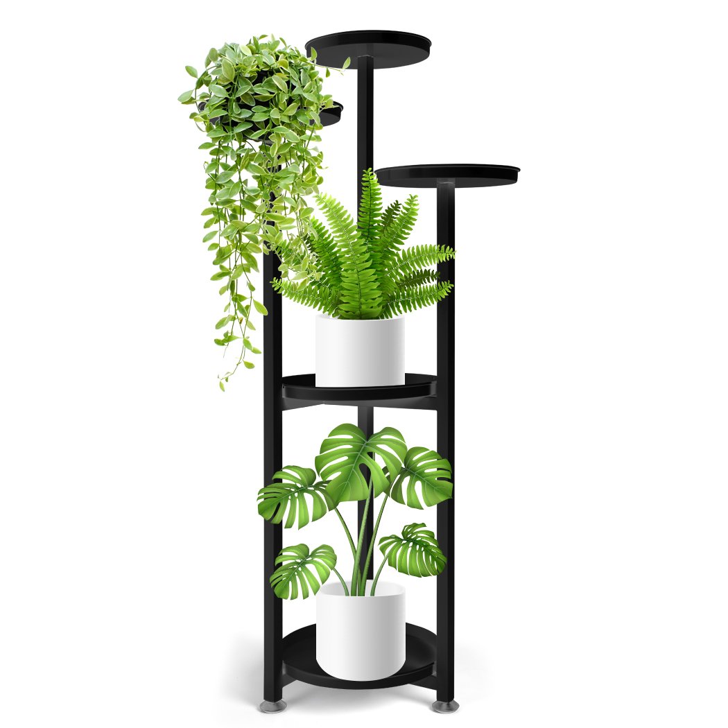 Levede Plant Stand featuring a 5-tier design in black, showcasing various flower pots in an outdoor setting.