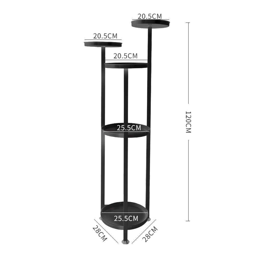 Levede Plant Stand featuring a 5-tier design in black, showcasing various flower pots in an outdoor setting.