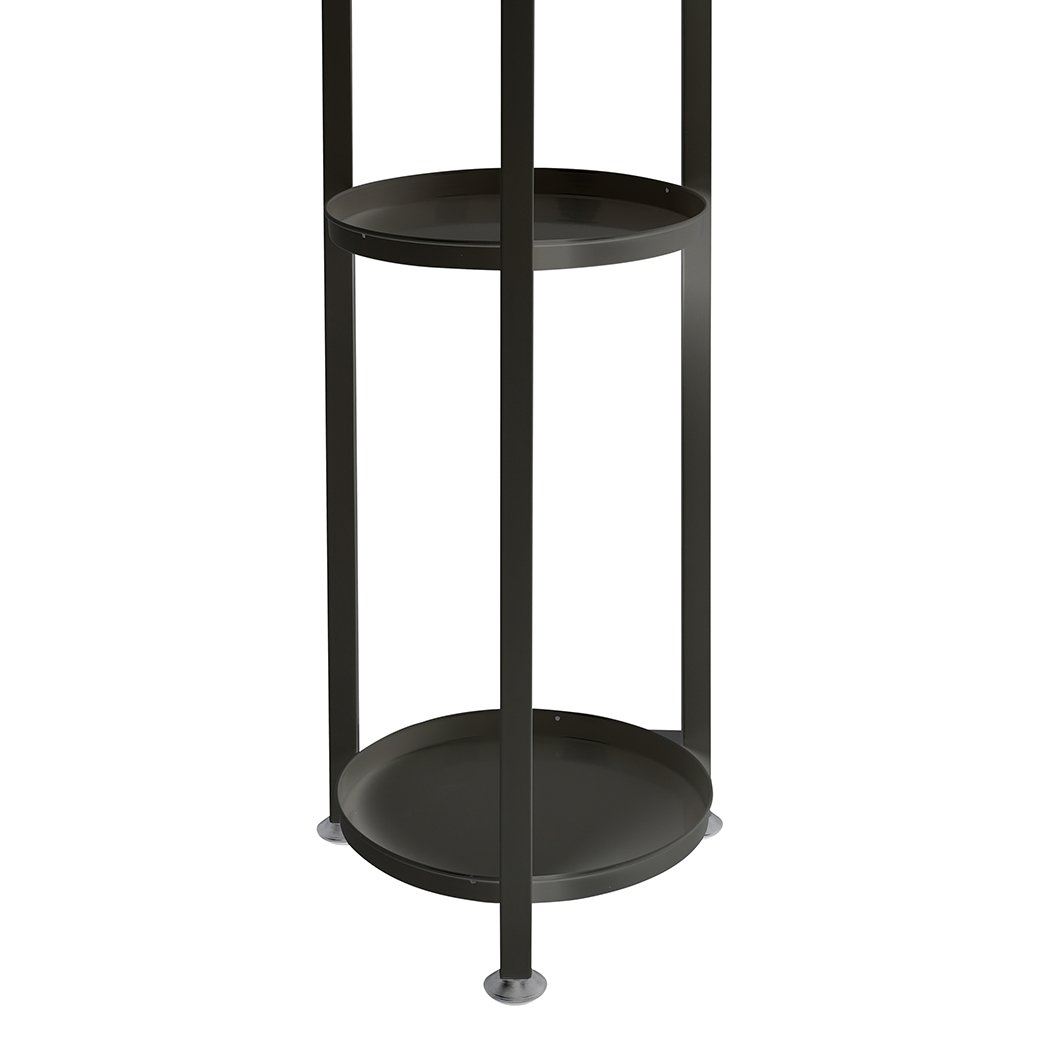 Levede Plant Stand featuring a 5-tier design in black, showcasing various flower pots in an outdoor setting.