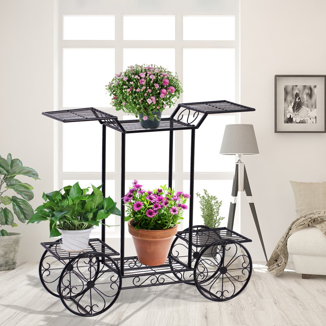 Levede Plant Stand featuring a durable steel frame with an elegant imitation rattan design, perfect for displaying indoor and outdoor plants.