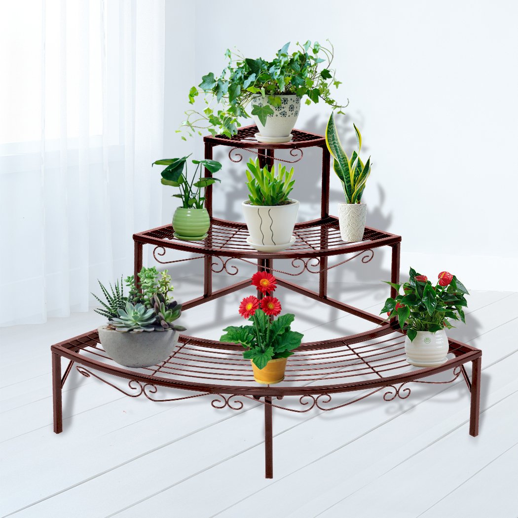 Levede Plant Stand featuring a durable steel frame with a bronze finish, designed for indoor and outdoor use, showcasing multiple potted plants.