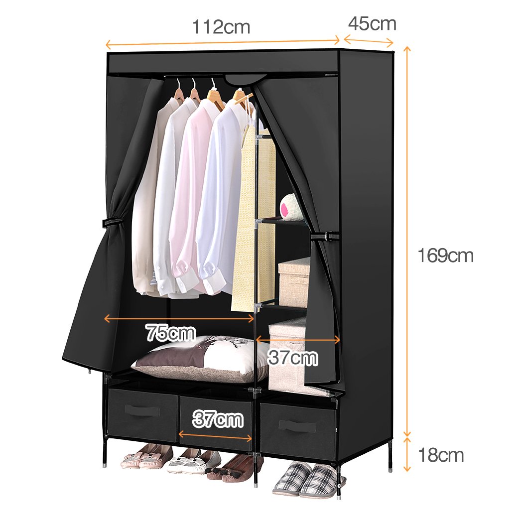 Levede Portable Clothes Closet Wardrobe in black, showcasing its stylish design and spacious compartments for clothing storage.