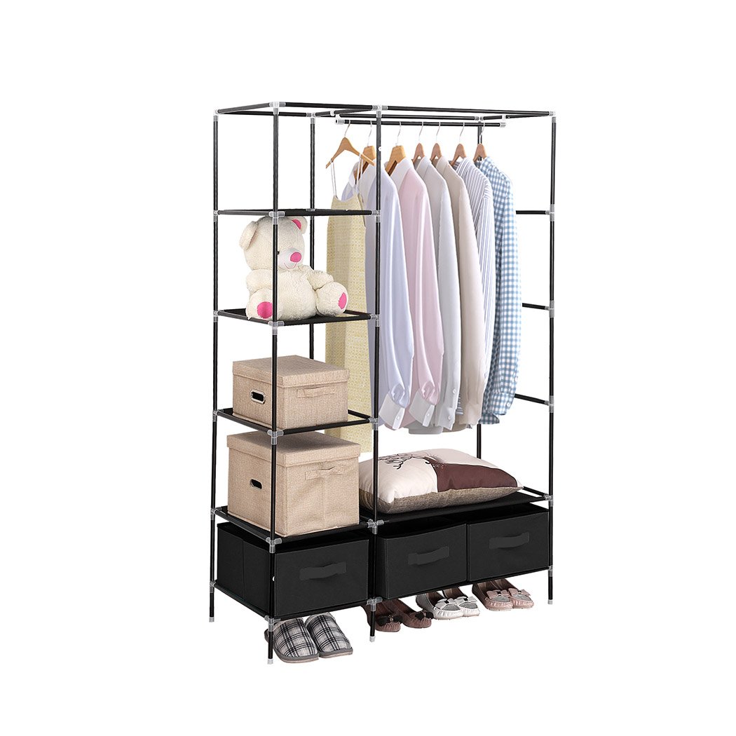 Levede Portable Clothes Closet Wardrobe in black, showcasing its stylish design and spacious compartments for clothing storage.