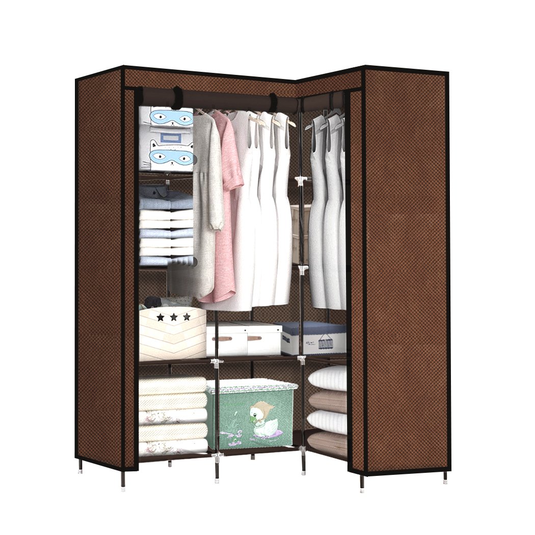 Levede Portable Clothes Closet Wardrobe in coffee color, showcasing its L-shaped design and roll-up door, perfect for compact storage.