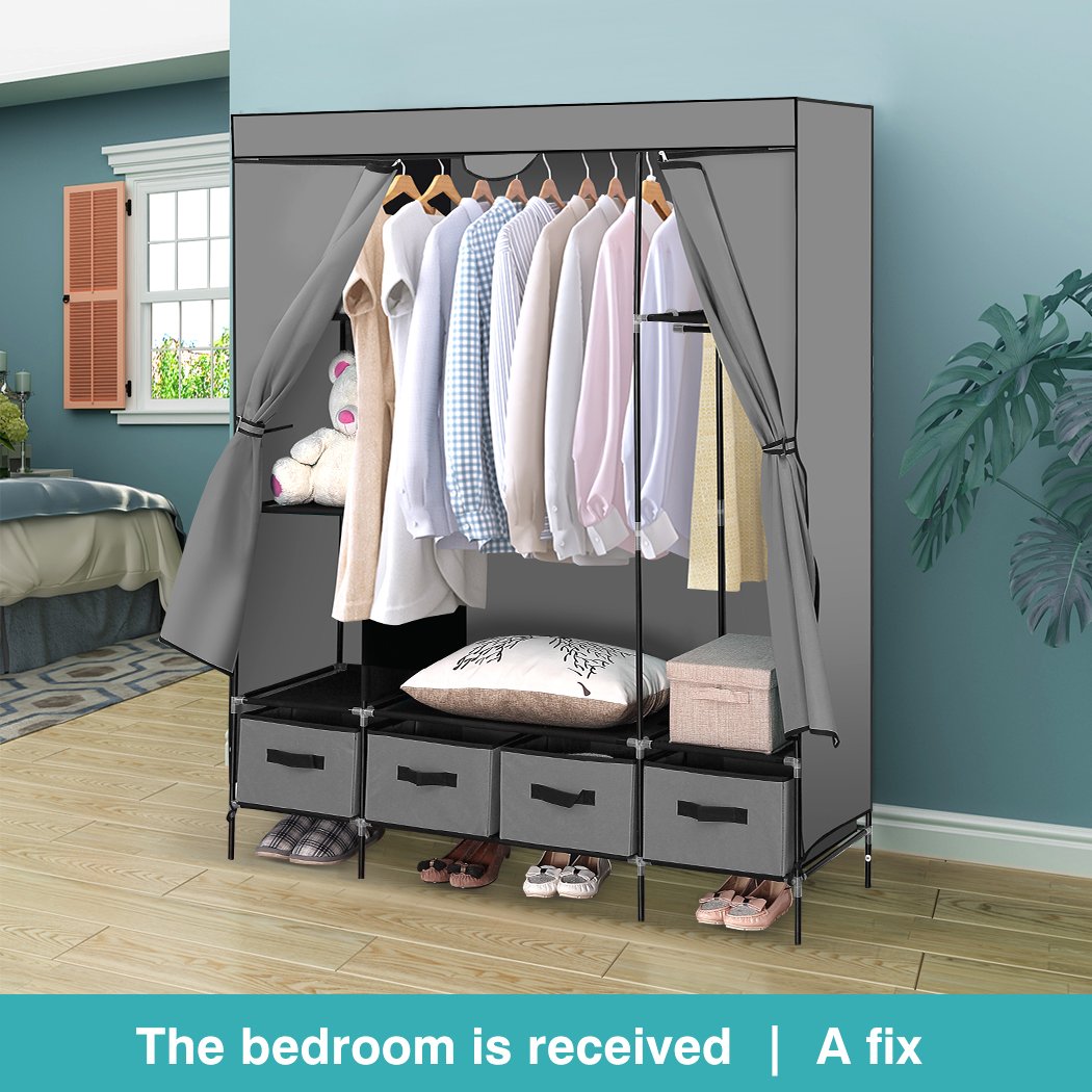Levede Portable Wardrobe featuring 4 drawers and a clothing rack, made of eco-friendly non-woven fabric in grey color.