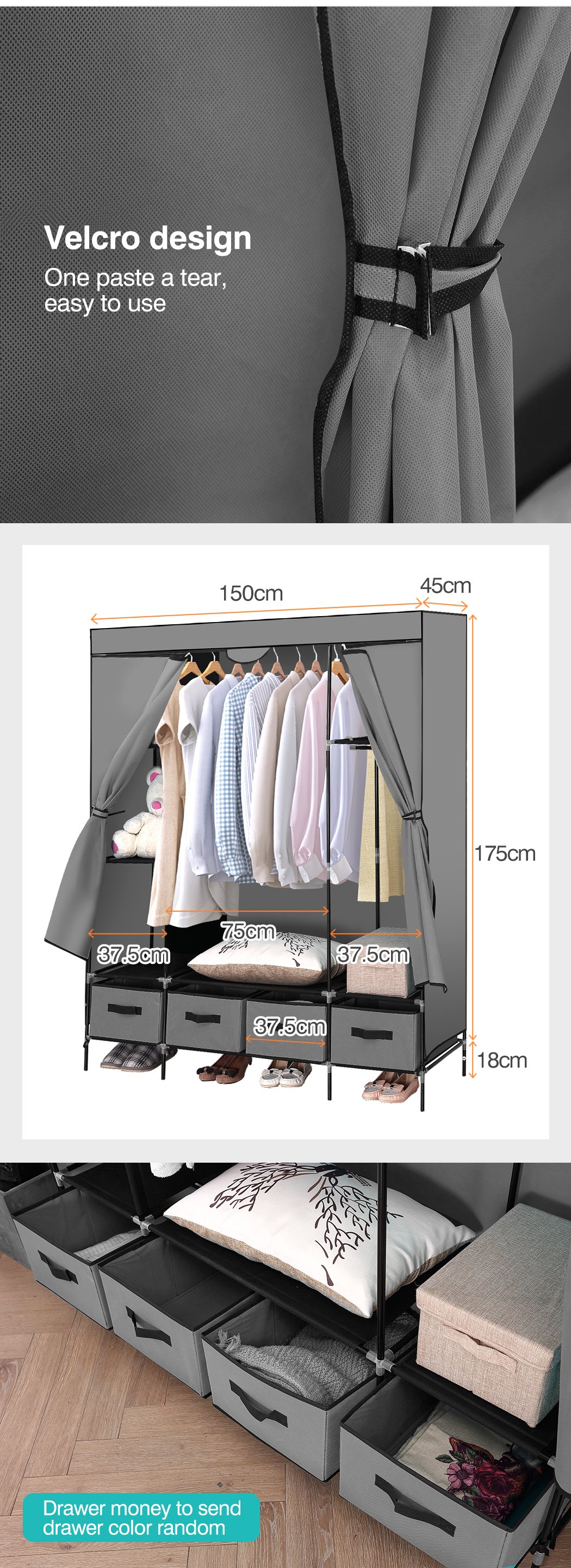 Levede Portable Wardrobe featuring 4 drawers and a clothing rack, made of eco-friendly non-woven fabric in grey color.