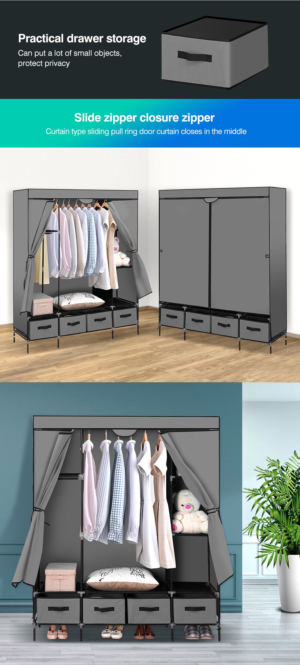 Levede Portable Wardrobe featuring 4 drawers and a clothing rack, made of eco-friendly non-woven fabric in grey color.