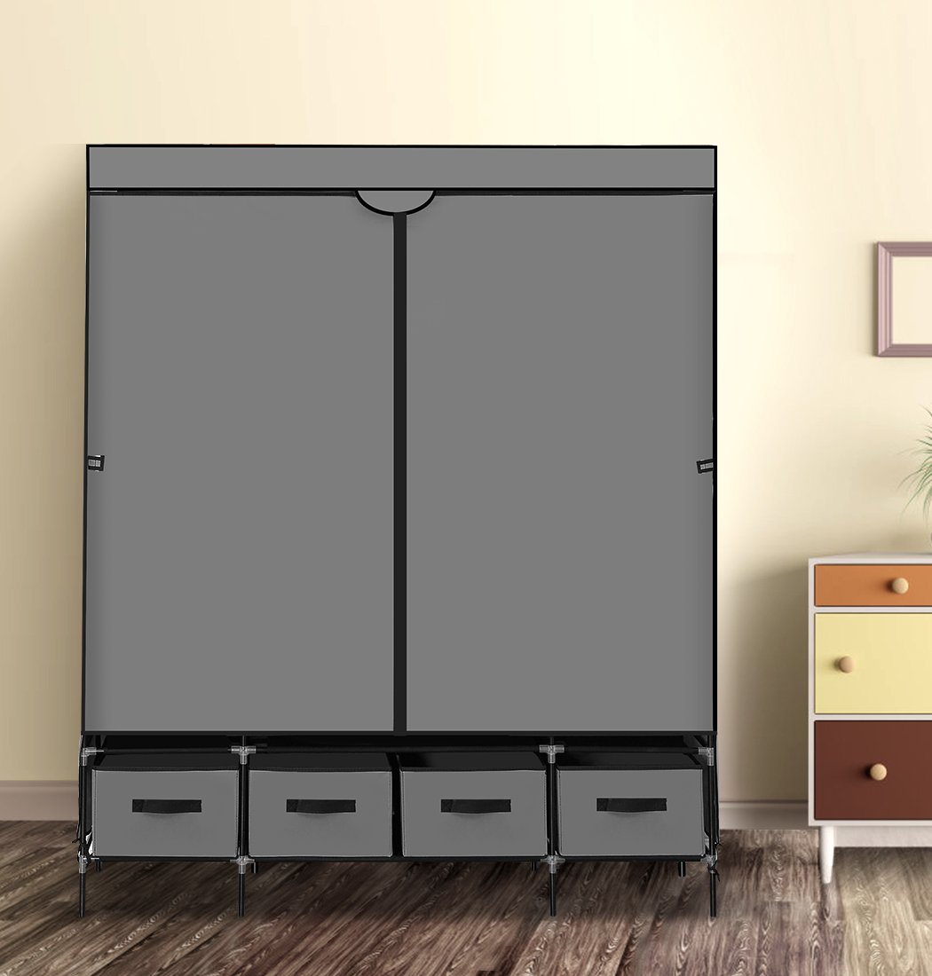 Levede Portable Wardrobe featuring 4 drawers and a clothing rack, made of eco-friendly non-woven fabric in grey color.