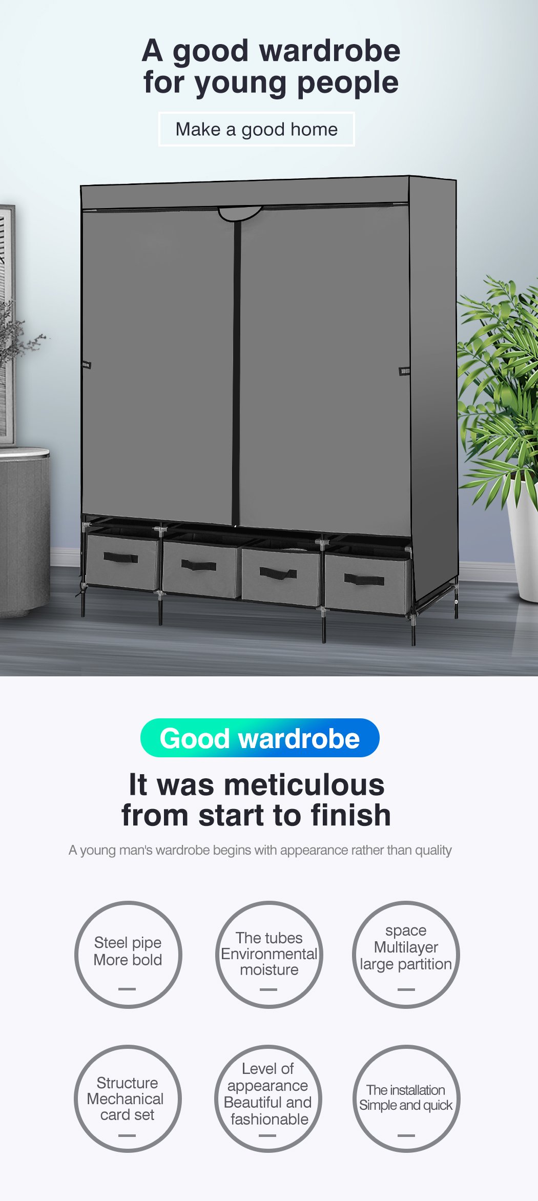 Levede Portable Wardrobe featuring 4 drawers and a clothing rack, made of eco-friendly non-woven fabric in grey color.