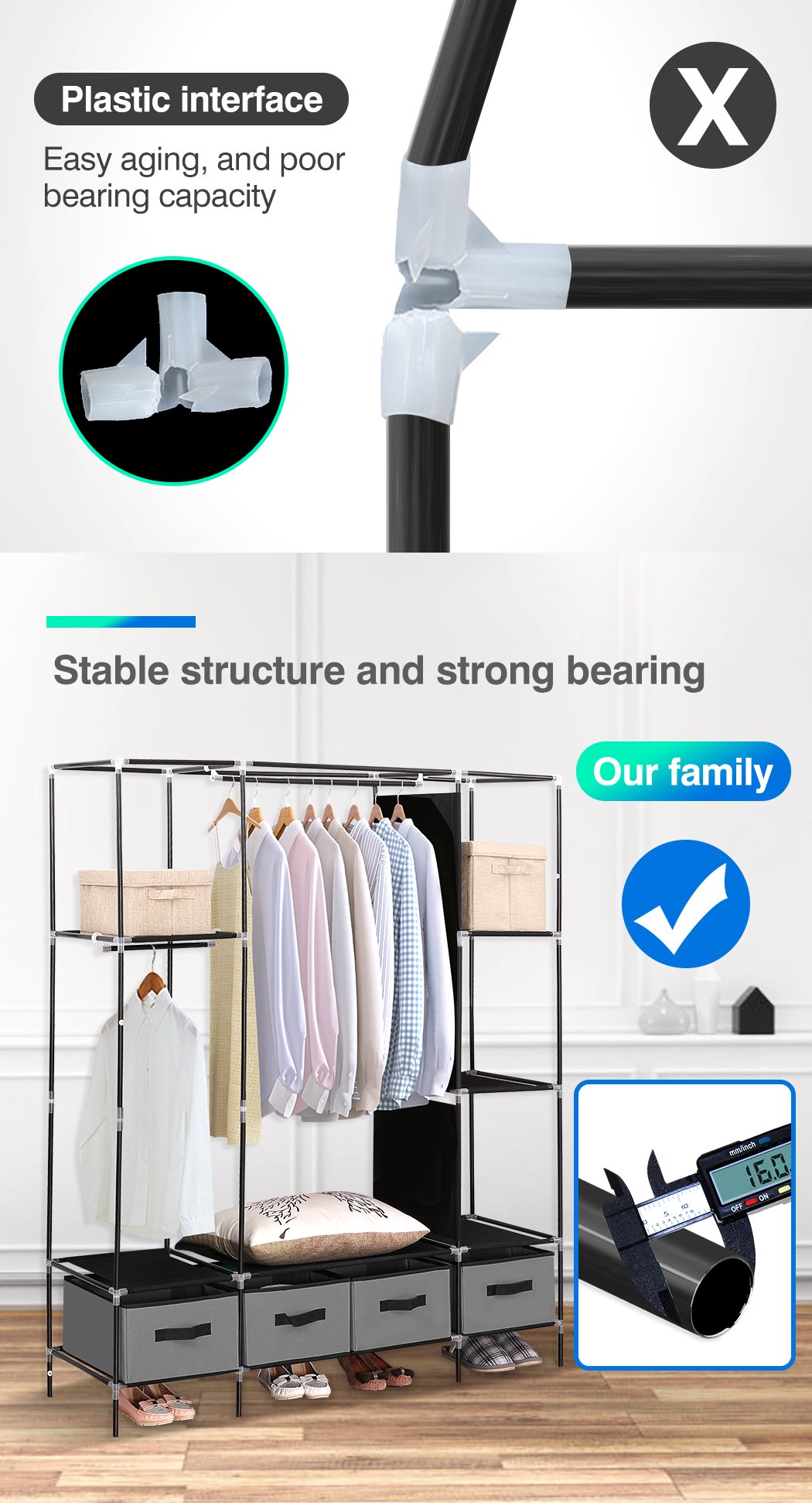 Levede Portable Wardrobe featuring 4 drawers and a clothing rack, made of eco-friendly non-woven fabric in grey color.