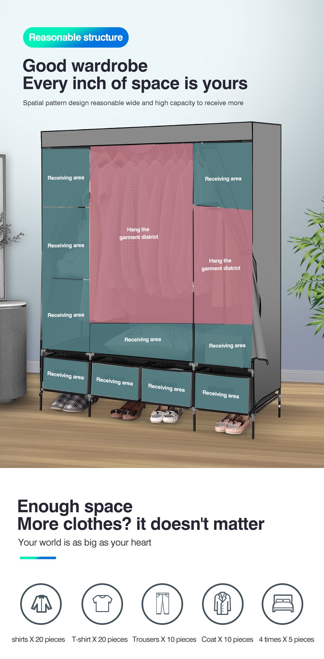 Levede Portable Wardrobe featuring 4 drawers and a clothing rack, made of eco-friendly non-woven fabric in grey color.
