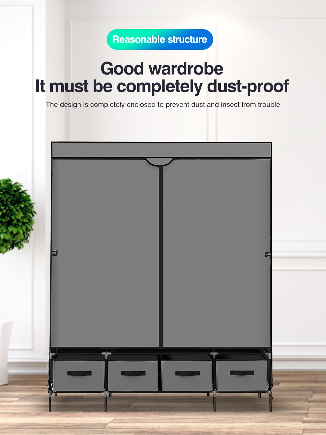 Levede Portable Wardrobe featuring 4 drawers and a clothing rack, made of eco-friendly non-woven fabric in grey color.