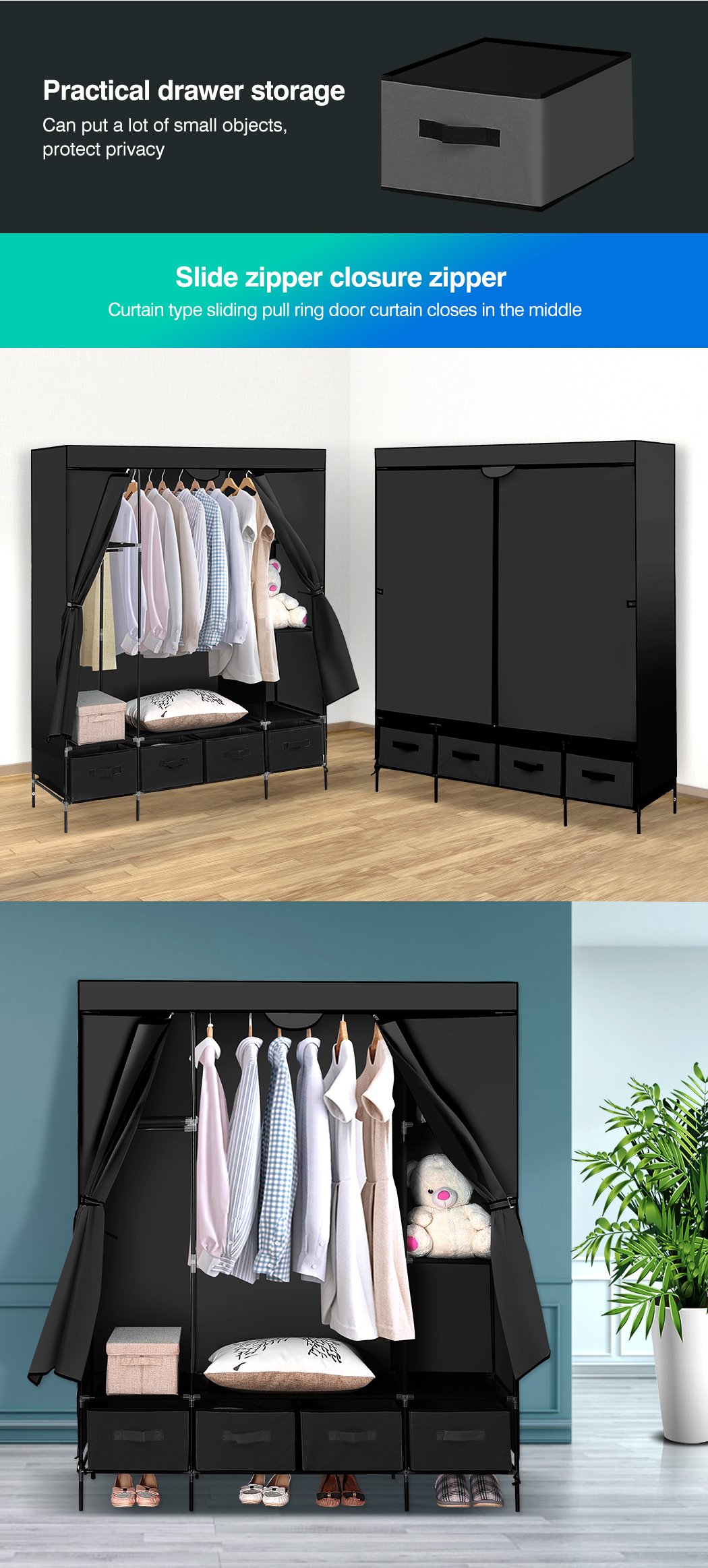 Levede Portable Wardrobe featuring 4 drawers and a stylish design, made from eco-friendly non-woven fabric and sturdy metal frame.