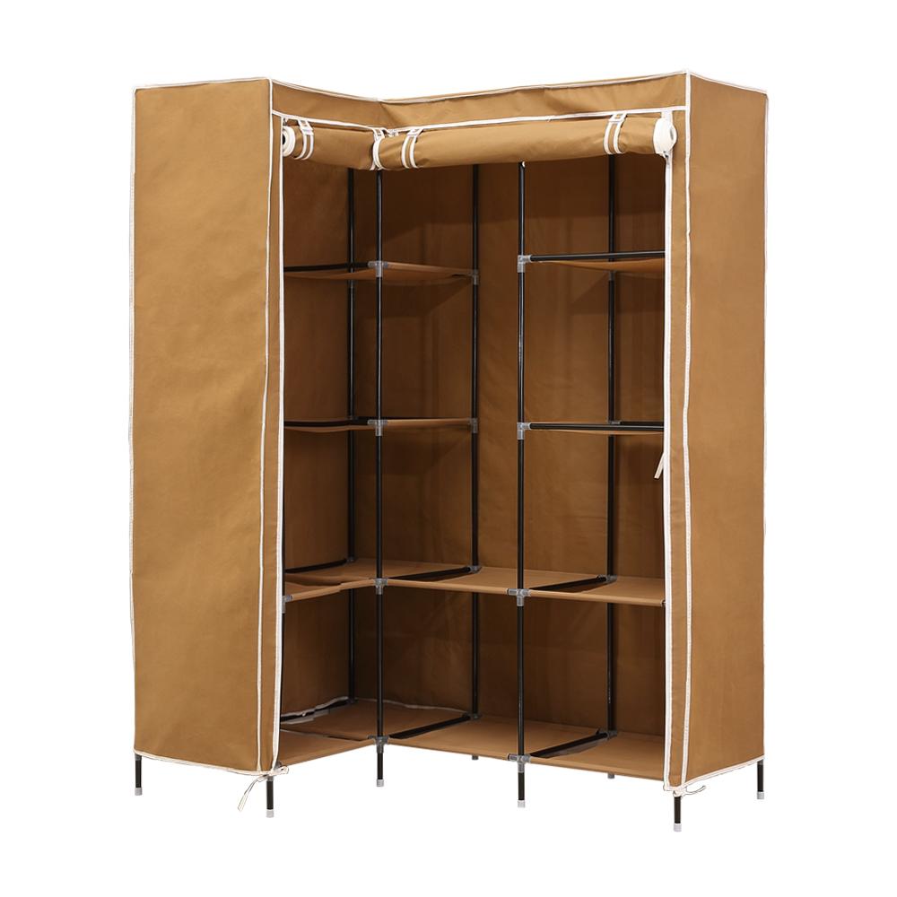Levede Portable Wardrobe in coffee color, showcasing its L-shaped design and roll-up door, ideal for compact storage solutions.