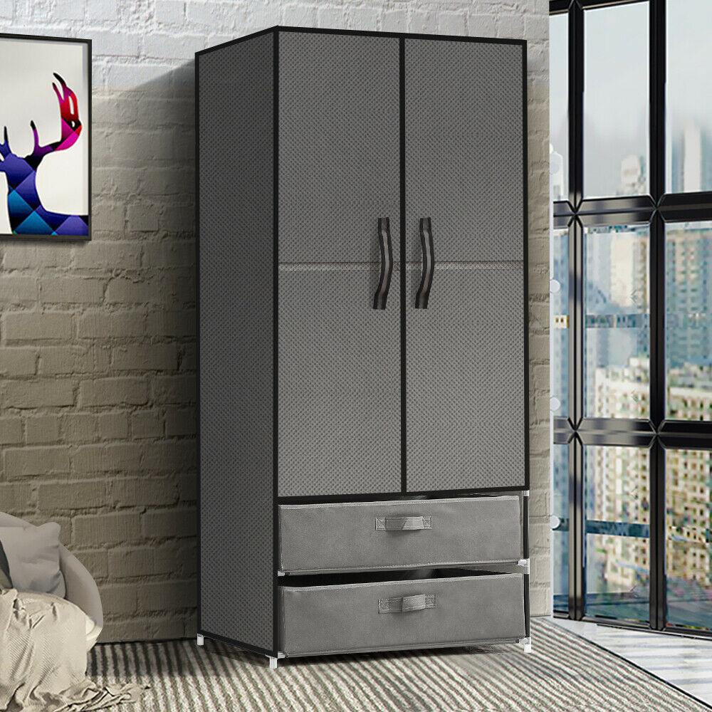 Levede Portable Wardrobe in grey, featuring two magnetic doors and two drawers, ideal for organizing clothes and accessories.
