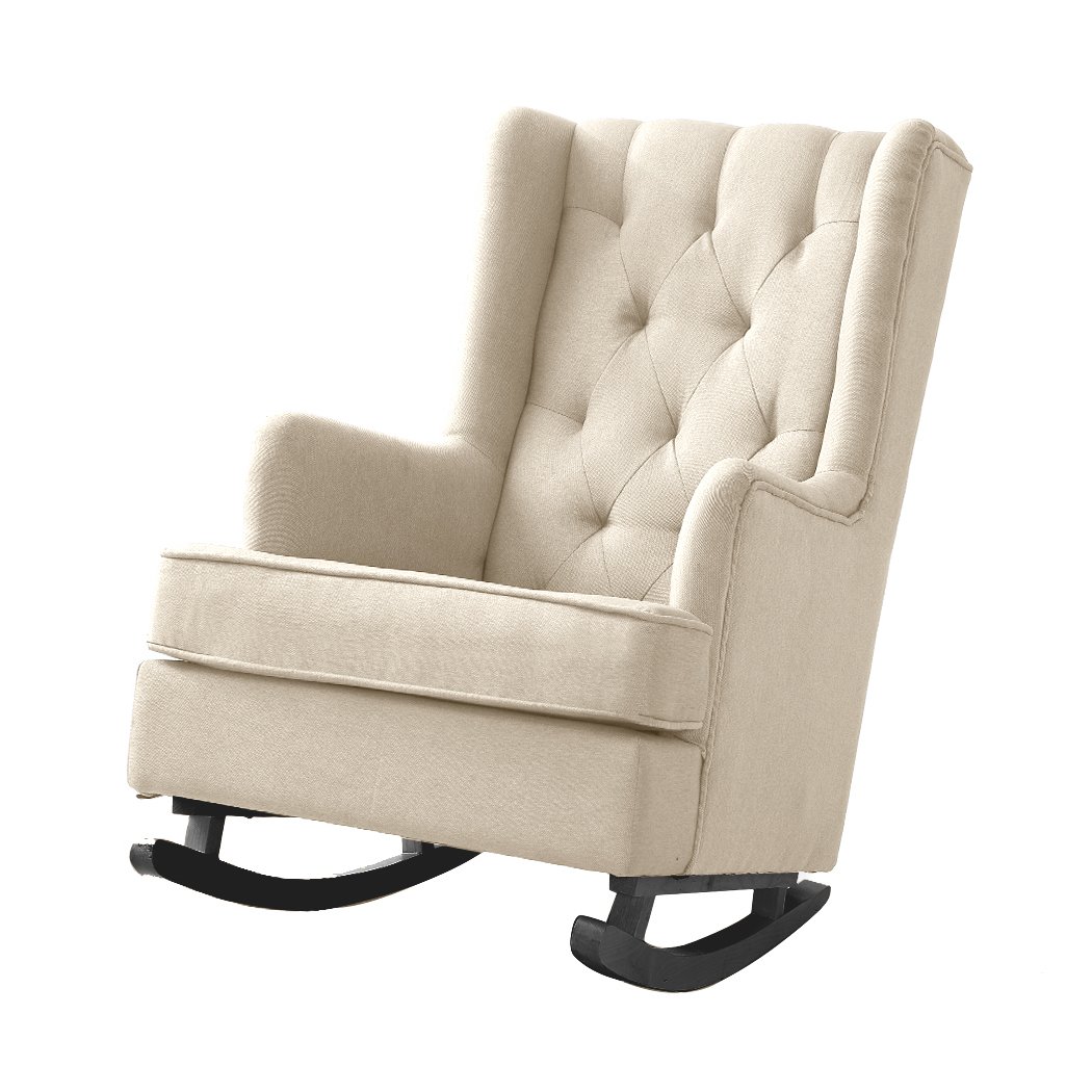 Levede Rocking Chair in cream linen fabric, showcasing its modern design and plush cushioning.