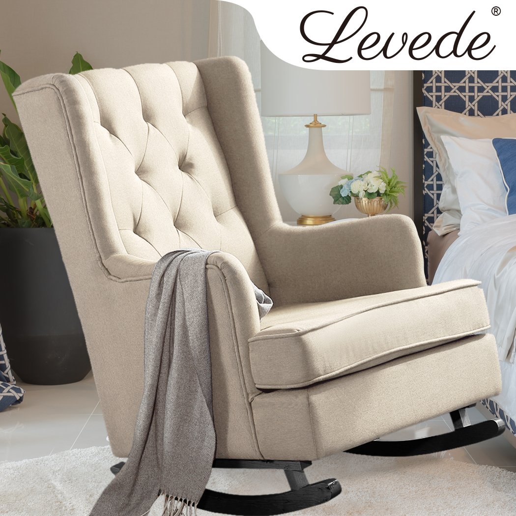 Levede Rocking Chair in cream linen fabric, showcasing its modern design and plush cushioning.