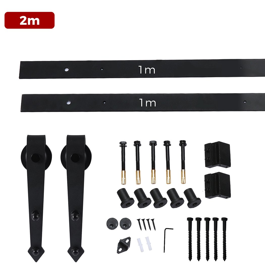 Levede Sliding Barn Door Hardware Track Roller Kit showcasing a 2M black track with rollers and accessories for installation.