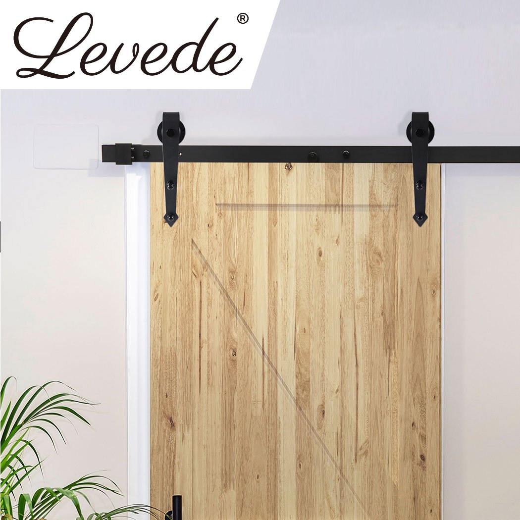 Levede Sliding Barn Door Hardware Track Roller Kit showcasing a 2M black track with rollers and accessories for installation.