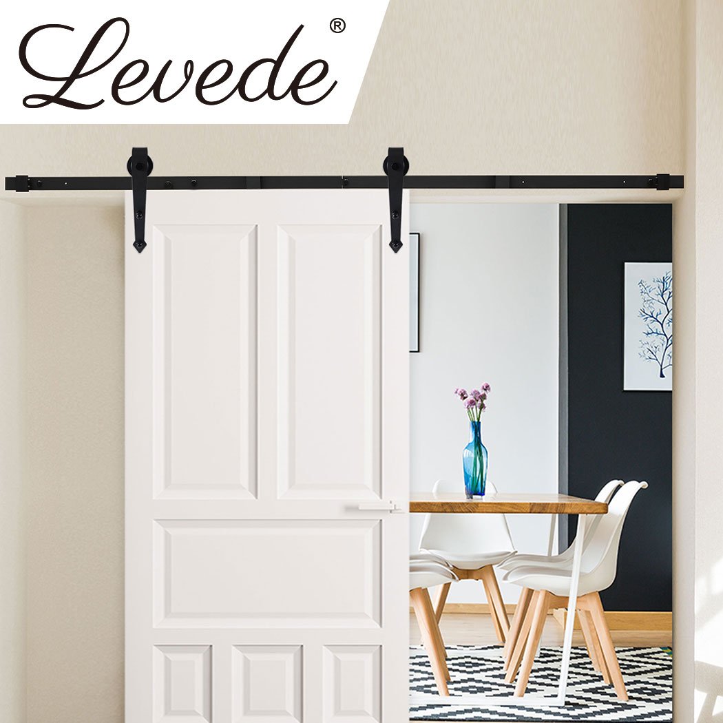 Levede Sliding Barn Door Hardware Track Roller Kit showcasing a 2M black track with rollers and accessories for installation.