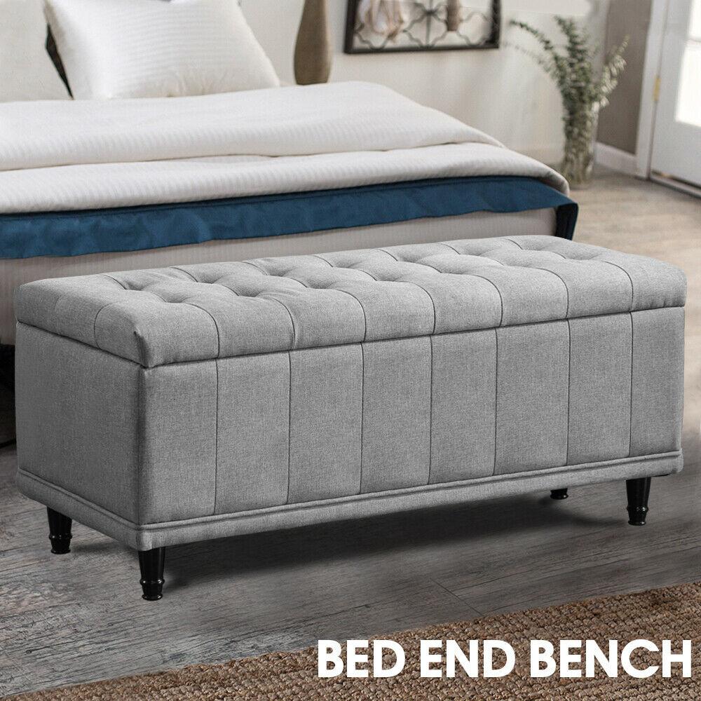 Levede Storage Ottoman in dark grey fabric, showcasing its plush design and spacious storage capacity.