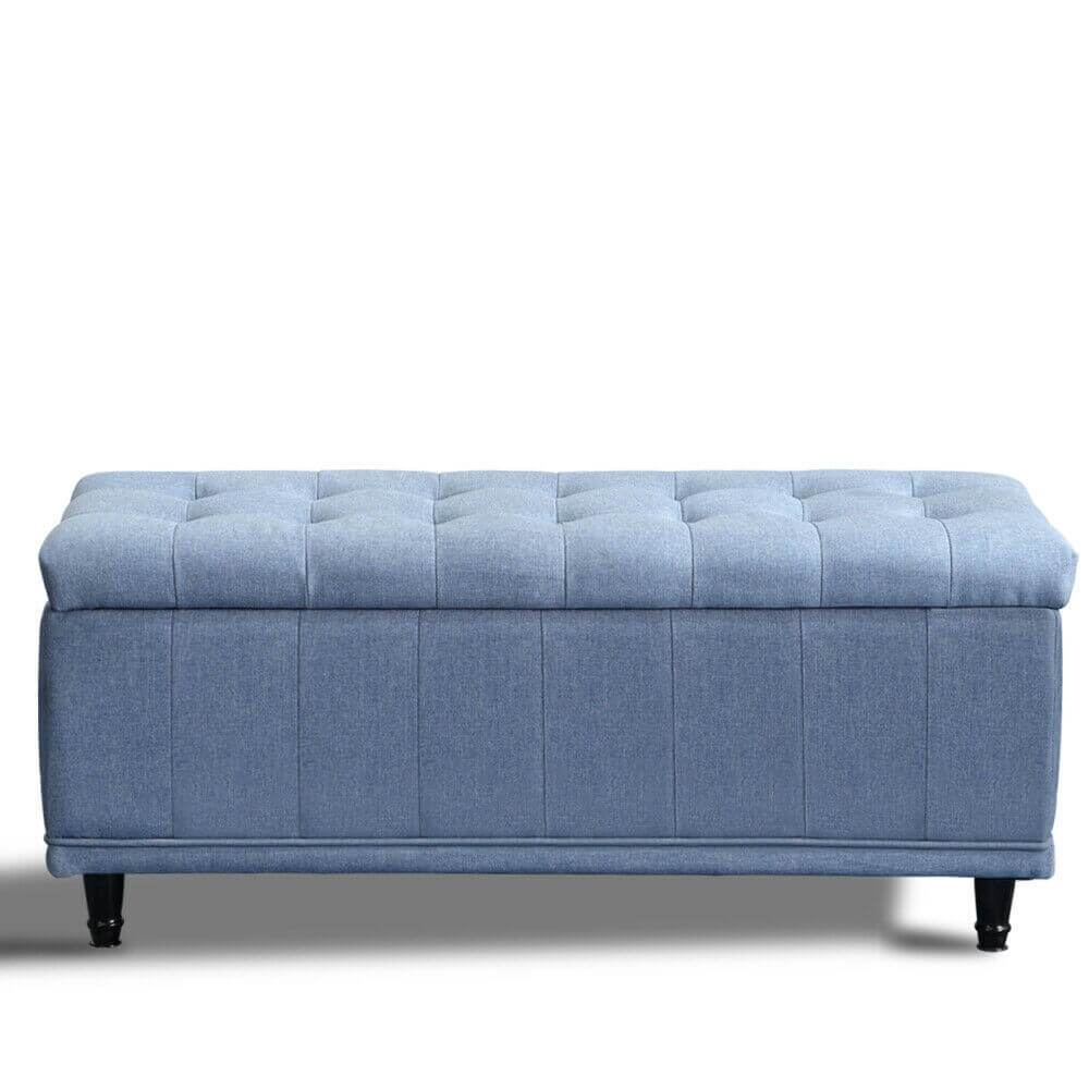 Levede Storage Ottoman in blue fabric, showcasing its plush design and storage capacity, perfect for any modern living space.
