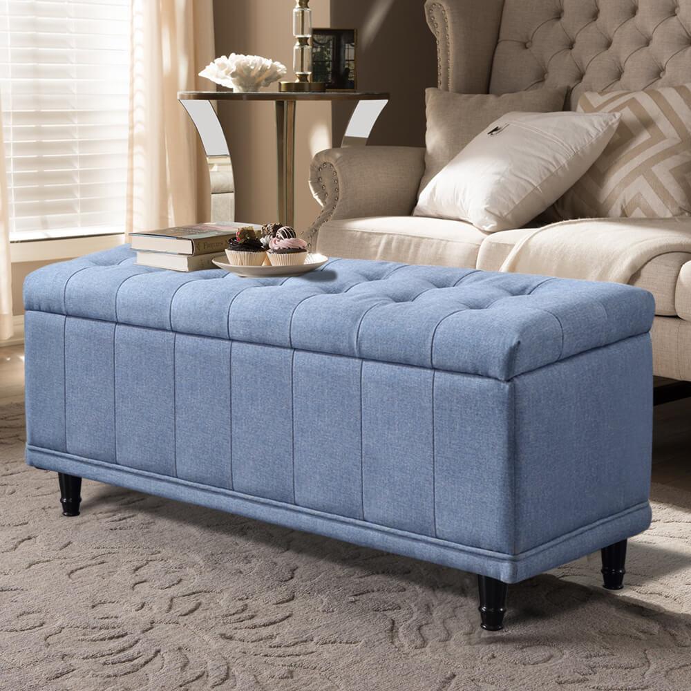 Levede Storage Ottoman in blue fabric, showcasing its plush design and storage capacity, perfect for any modern living space.