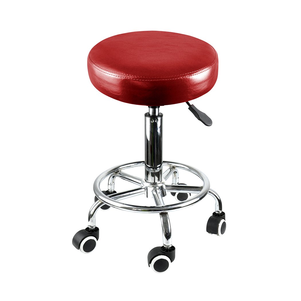 Levede Swivel Salon Bar Stool in red with PU leather seat and steel frame, featuring 360° rotation and smooth-rolling casters.