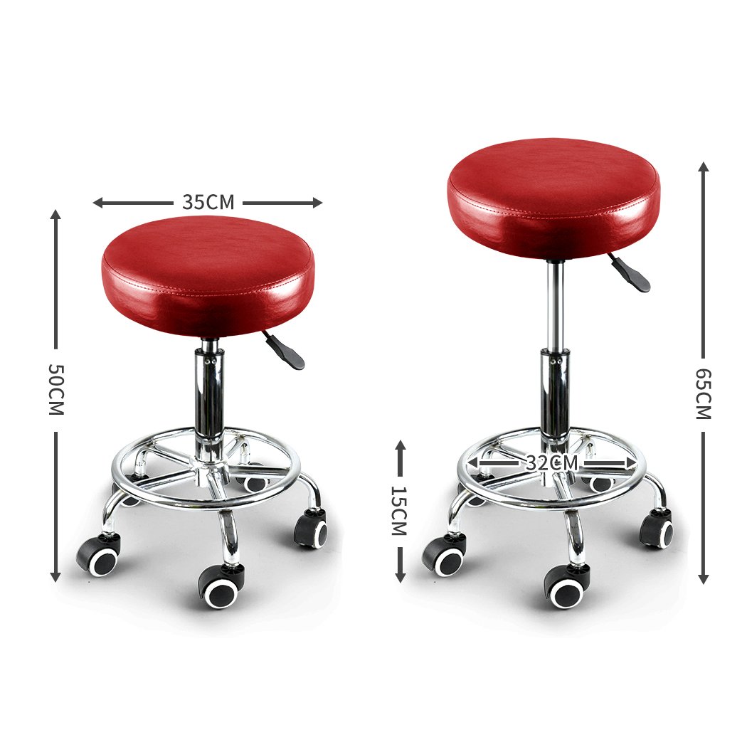 Levede Swivel Salon Bar Stool in red with PU leather seat and steel frame, featuring 360° rotation and smooth-rolling casters.