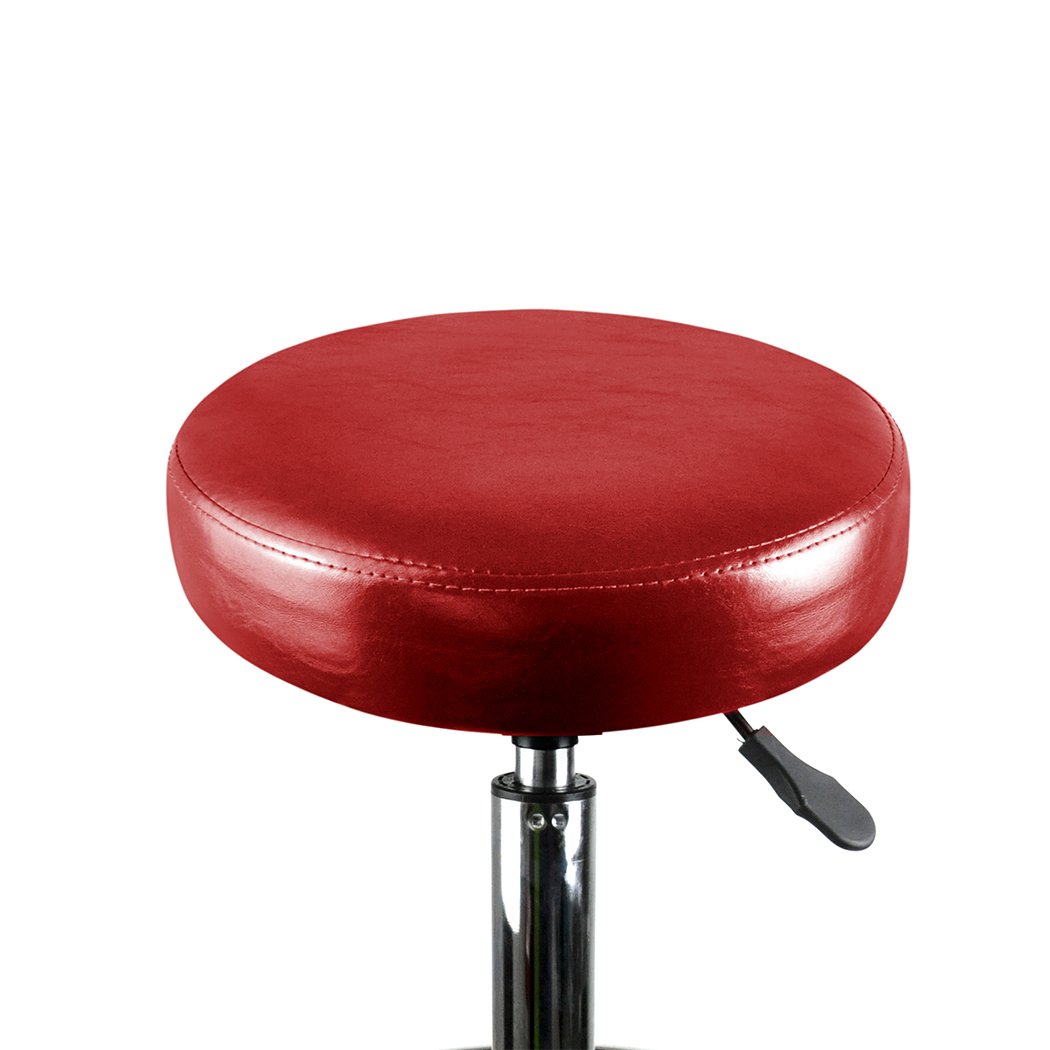 Levede Swivel Salon Bar Stool in red with PU leather seat and steel frame, featuring 360° rotation and smooth-rolling casters.