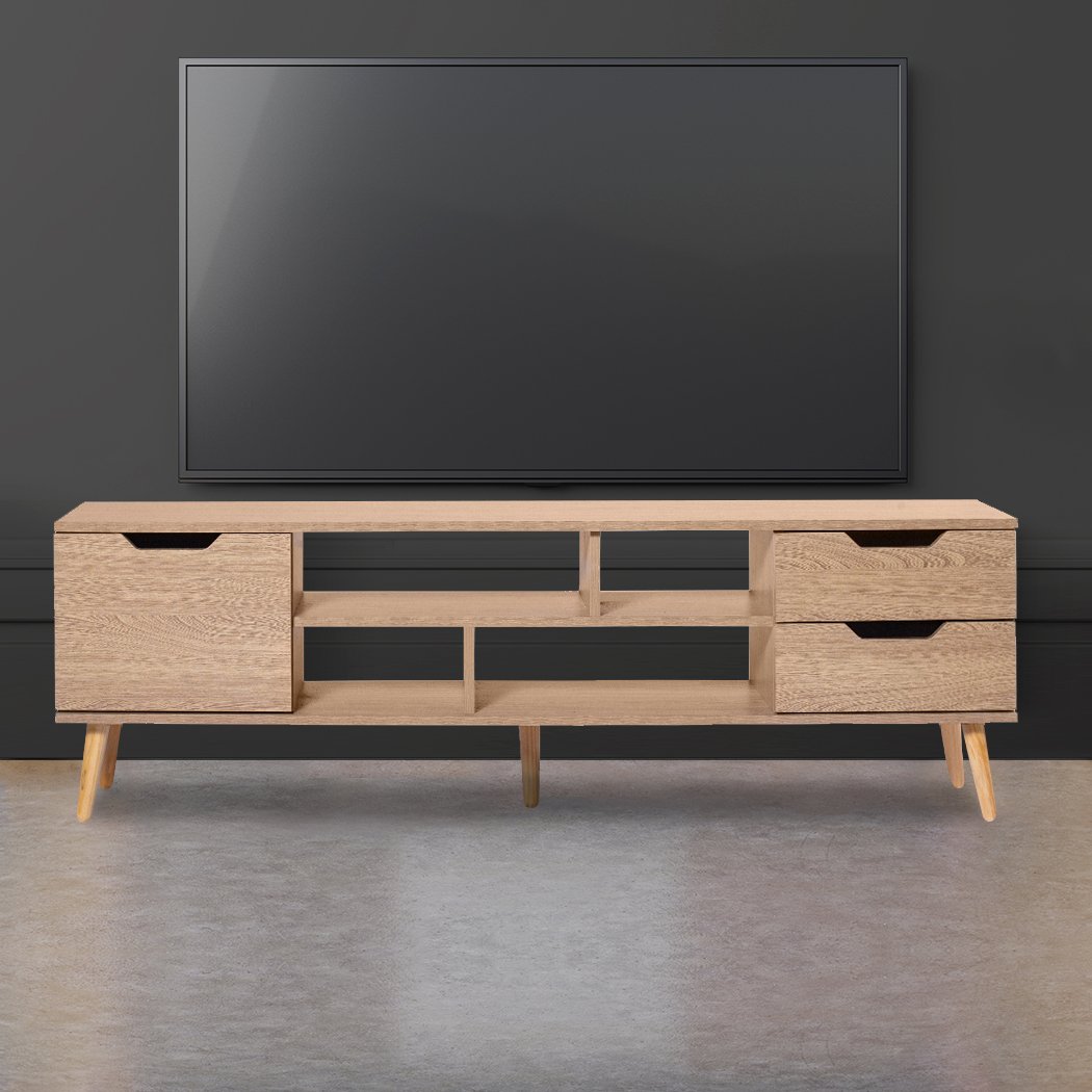 Levede TV Cabinet Entertainment Unit in oak finish with open shelves and spacious drawers, showcasing modern design and sturdy construction.