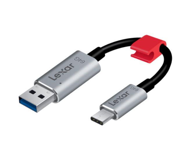 LEXAR JumpDrive C20c 64GB USB 3.1 flash drive with Type-C and Type-A connectors, showcasing its compact design.