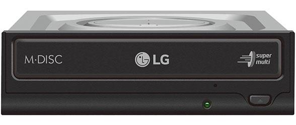 LG GH24NSD1 24x SATA Internal DVD-RW Burner with M-DISC support and sleek black design.