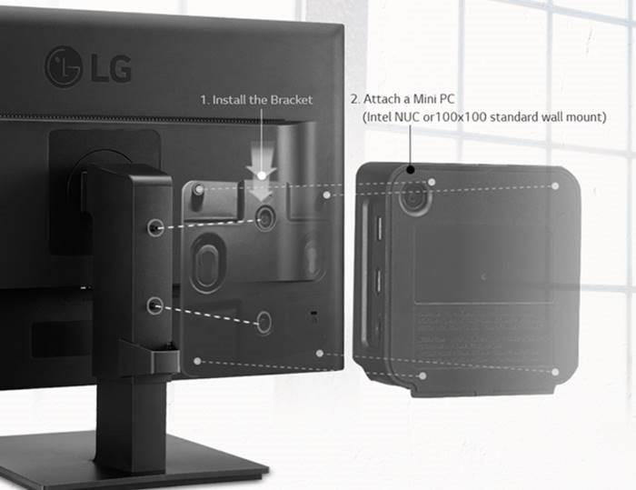 LG VESA Mount Bracket designed for Intel NUC and Brix mini PCs, showcasing its sturdy build and compatibility with VESA 75x75mm and 100x100mm.