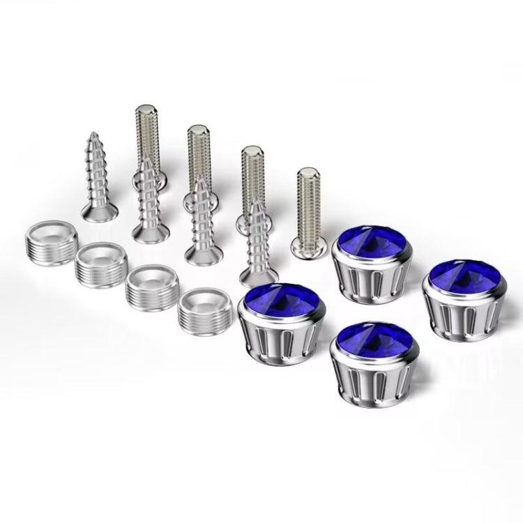 Blue rhinestone licence plate frame with anti-theft fixing nut cover, showcasing a stylish design and durable materials.