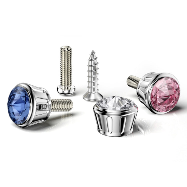 Blue rhinestone licence plate frame with anti-theft fixing nut cover, showcasing a stylish design and durable materials.