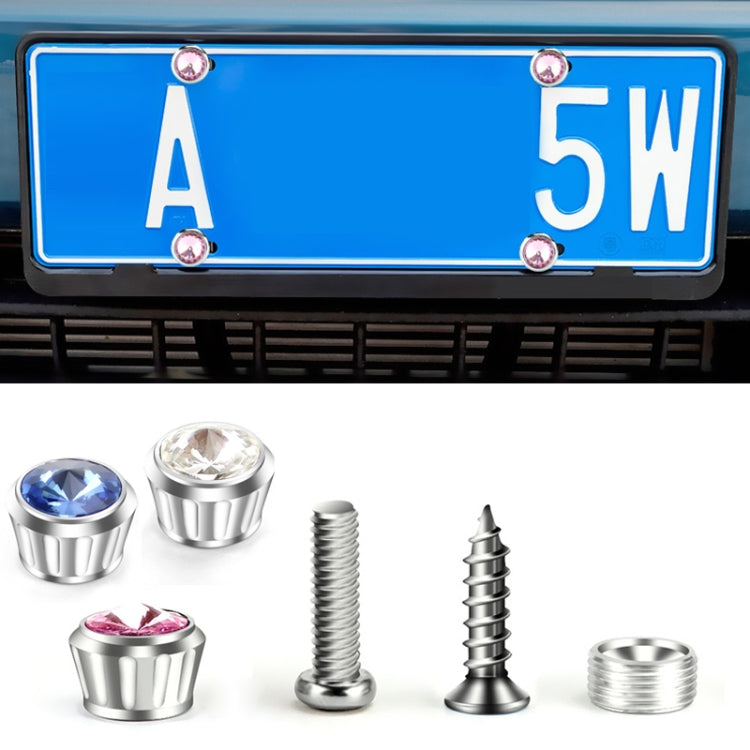 Blue rhinestone licence plate frame with anti-theft fixing nut cover, showcasing a stylish design and durable materials.