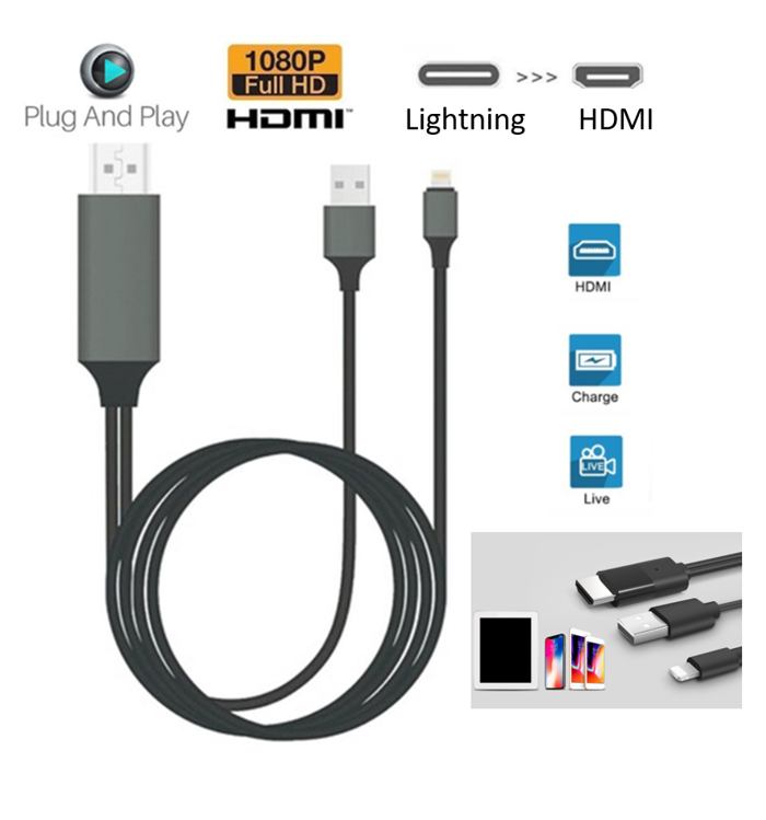 Lightning to HDMI AV Adapter with 2M cable, designed for iPhone and iPad, connecting to HDTV for video output.