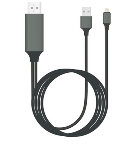 Lightning to HDMI AV Adapter with 2M cable, designed for iPhone and iPad, connecting to HDTV for video output.