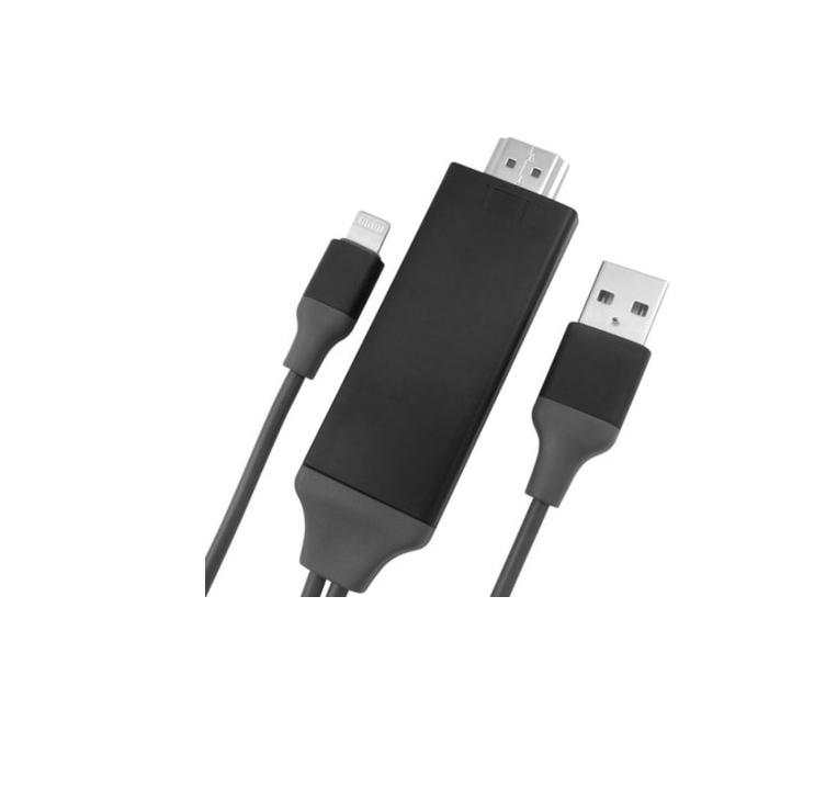 Lightning to HDMI AV Adapter with 2M cable, designed for iPhone and iPad, connecting to HDTV for video output.