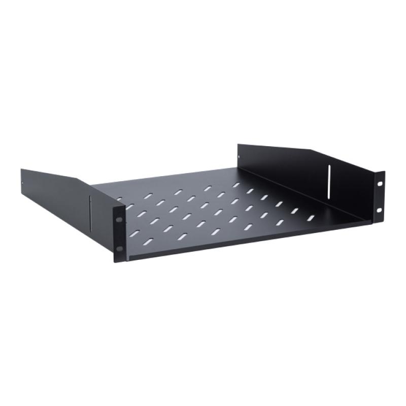 LINKBASIC Cantilever 2RU Fixed Shelf, black steel construction, designed for 19-inch racks and NCB cabinets.