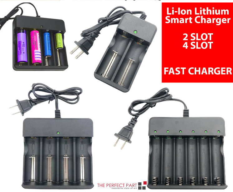 Li-ion Lithium Smart Charger with 2, 4, and 6 slots for 16340, 14500, and 26650 batteries, featuring LED indicators and safety protections.