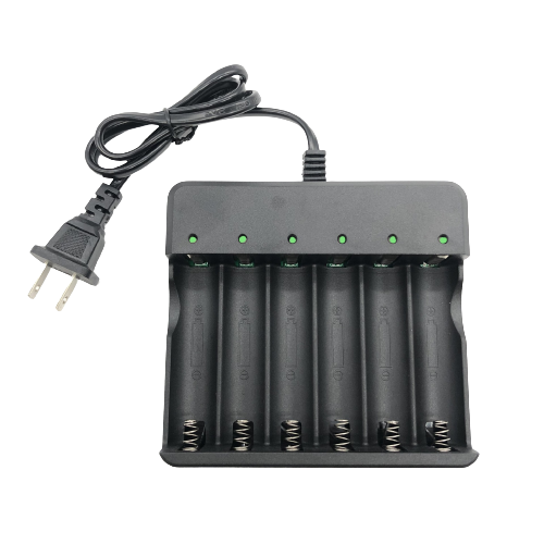 Li-ion Lithium Smart Charger with 2, 4, and 6 slots for 16340, 14500, and 26650 batteries, featuring LED indicators and safety protections.