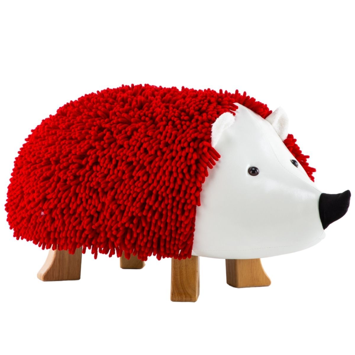 Lira Red Hedgehog Ottoman featuring a solid wood footrest, showcasing its vibrant red fabric and sturdy rubberwood legs.